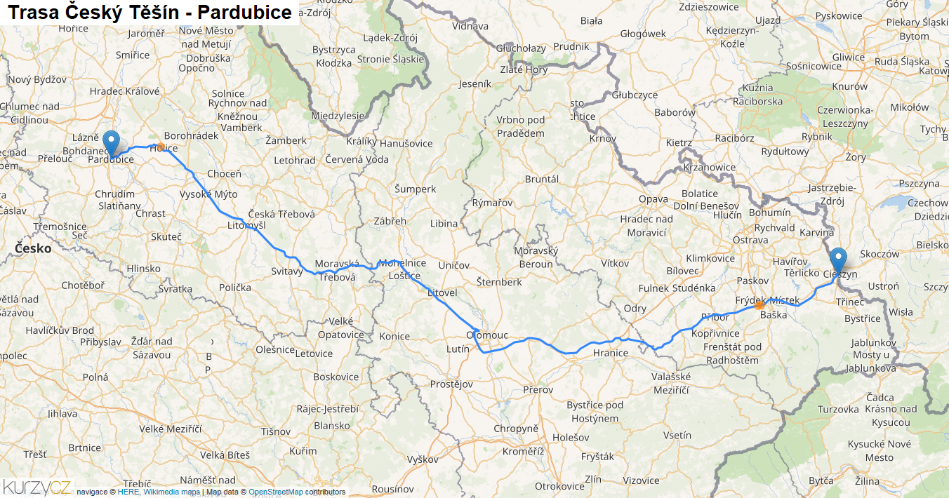 Český Těšín-Pardubice, mapa trasy