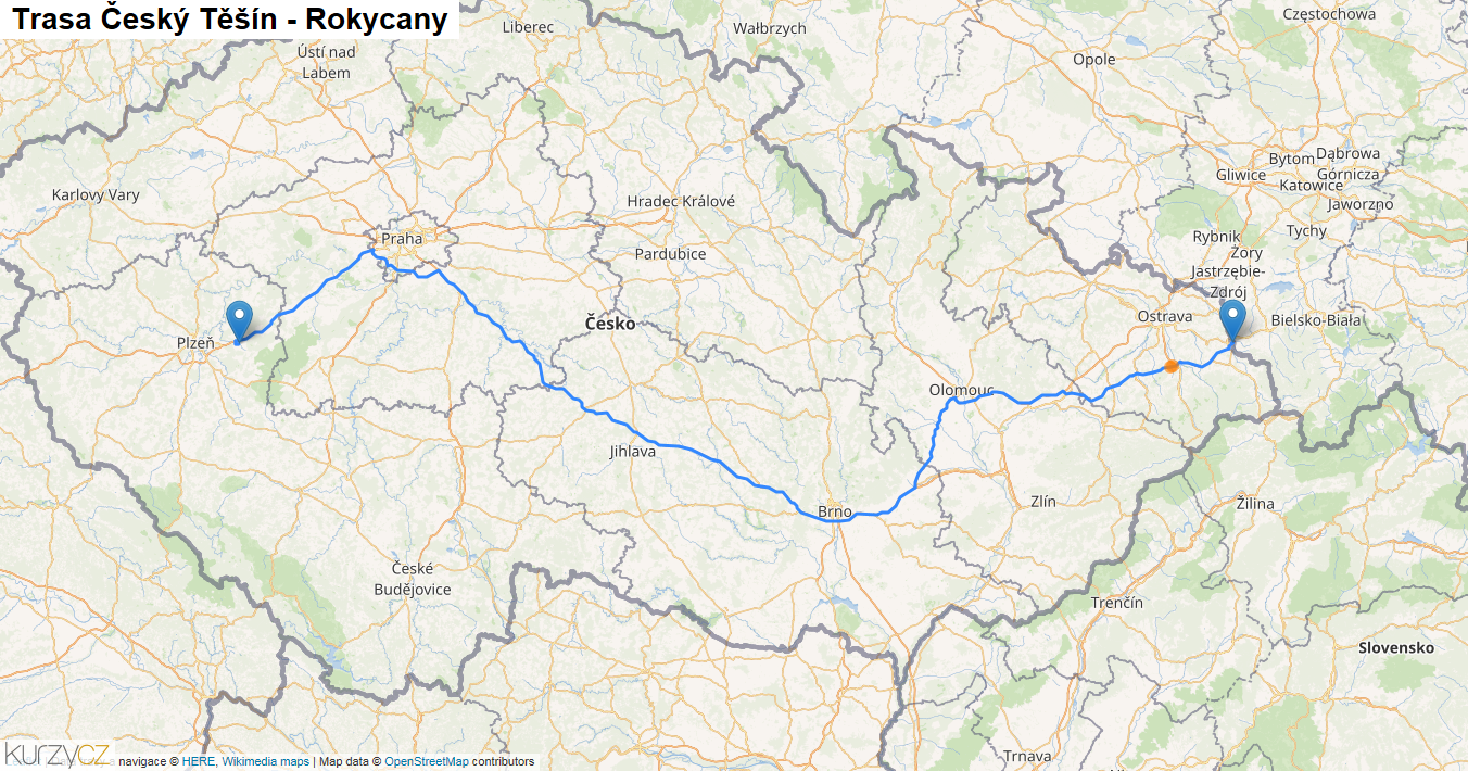 Český Těšín-Rokycany, mapa trasy