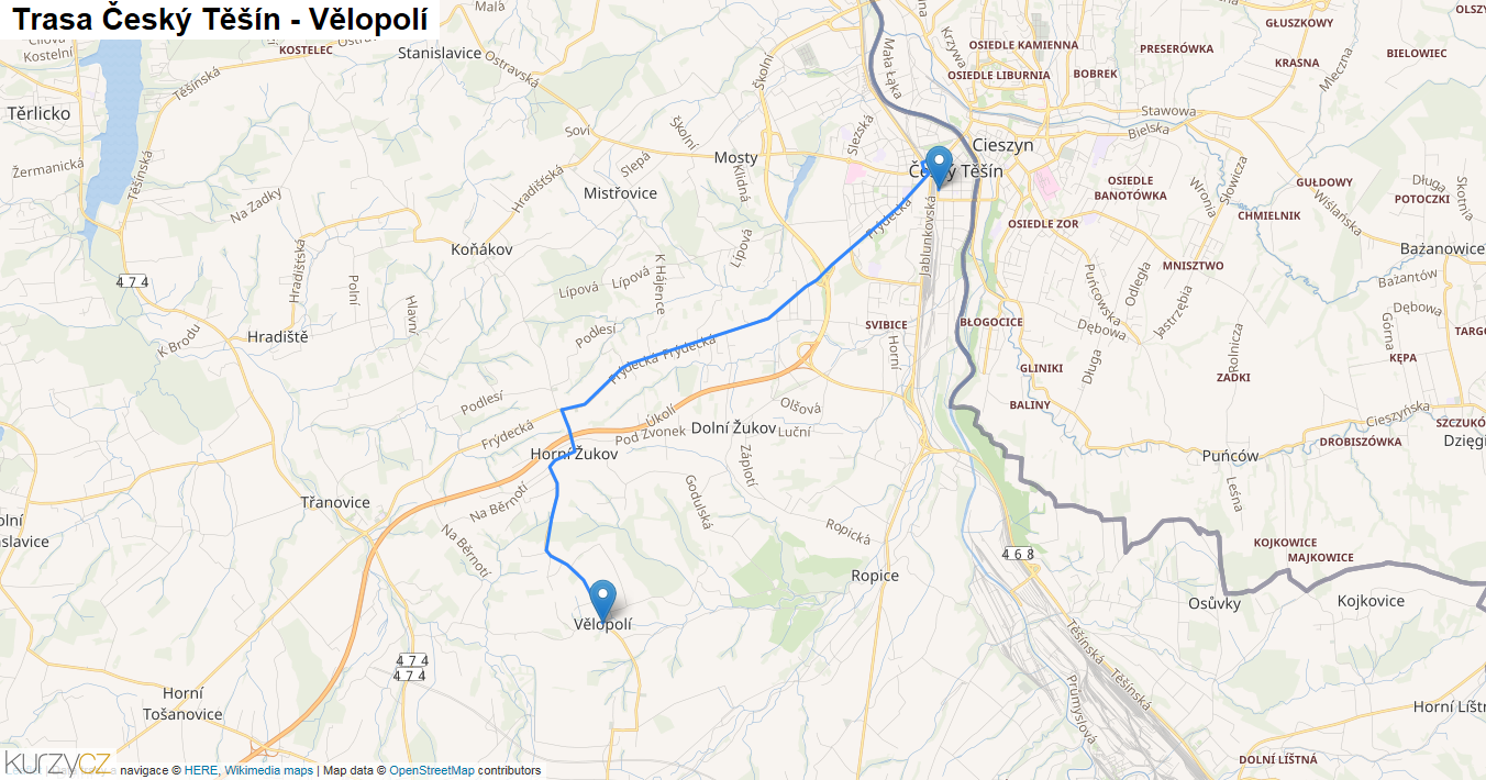 Český Těšín-Vělopolí, mapa trasy
