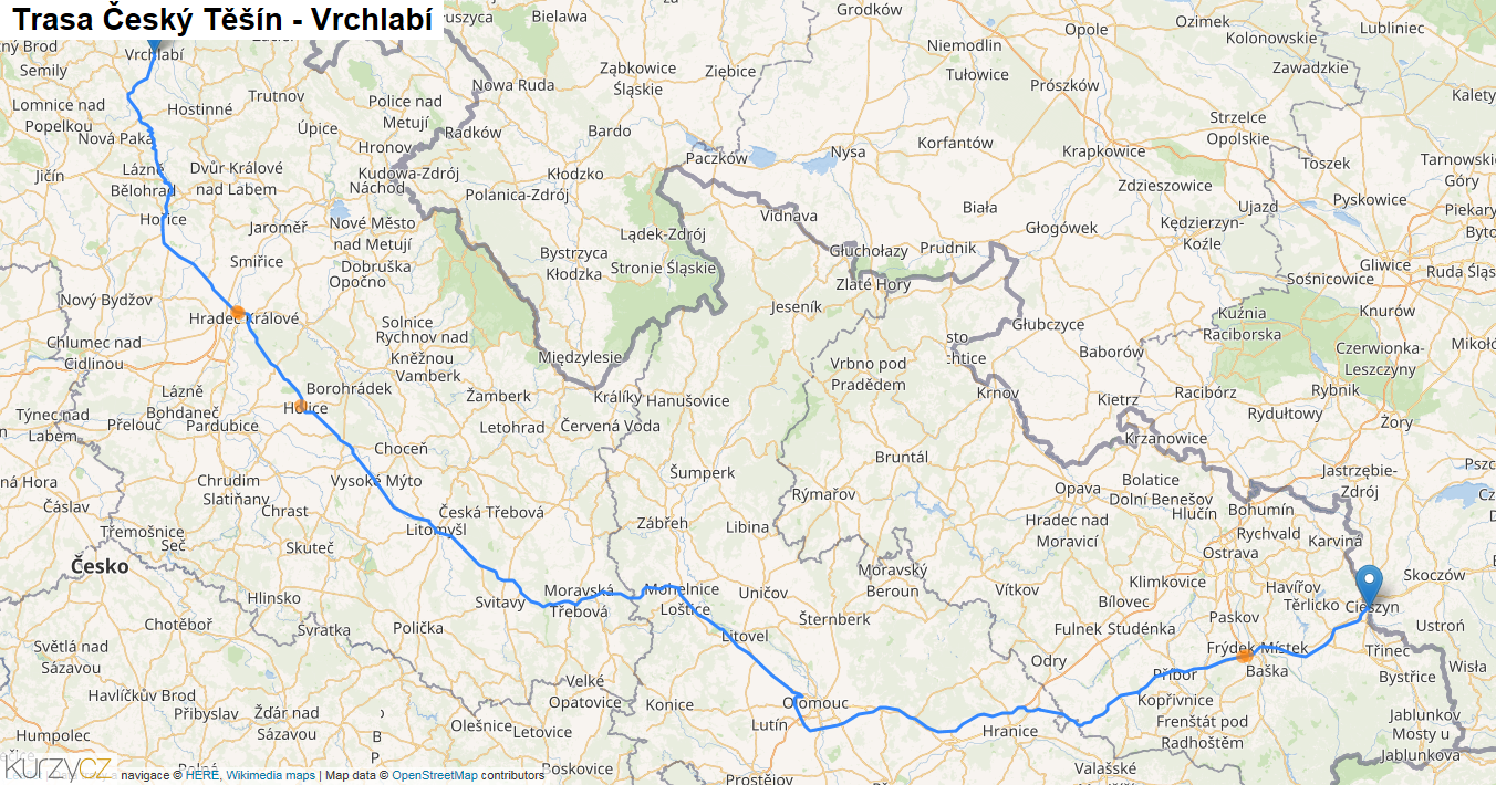 Český Těšín-Vrchlabí, mapa trasy