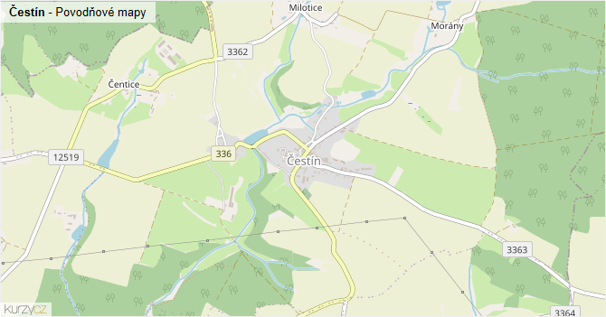 Čestín - záplavové mapy stoleté vody