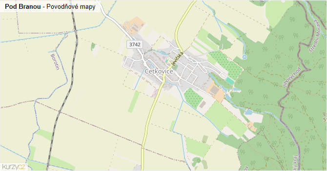 Pod Branou - záplavové mapy stoleté vody