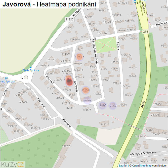 Mapa Javorová - Firmy v ulici.