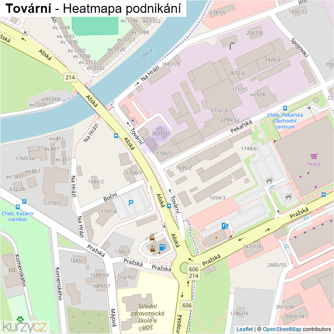 Mapa Tovární - Firmy v ulici.