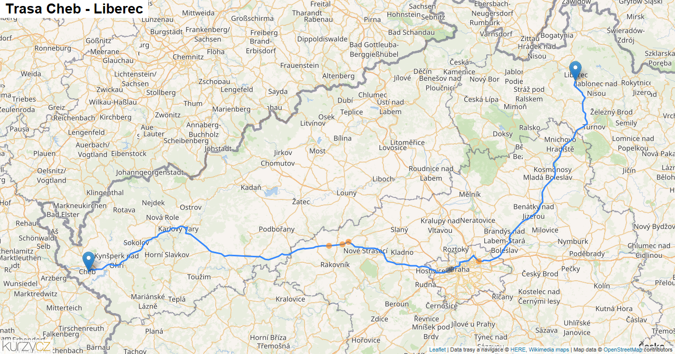 Cheb-Liberec, mapa trasy