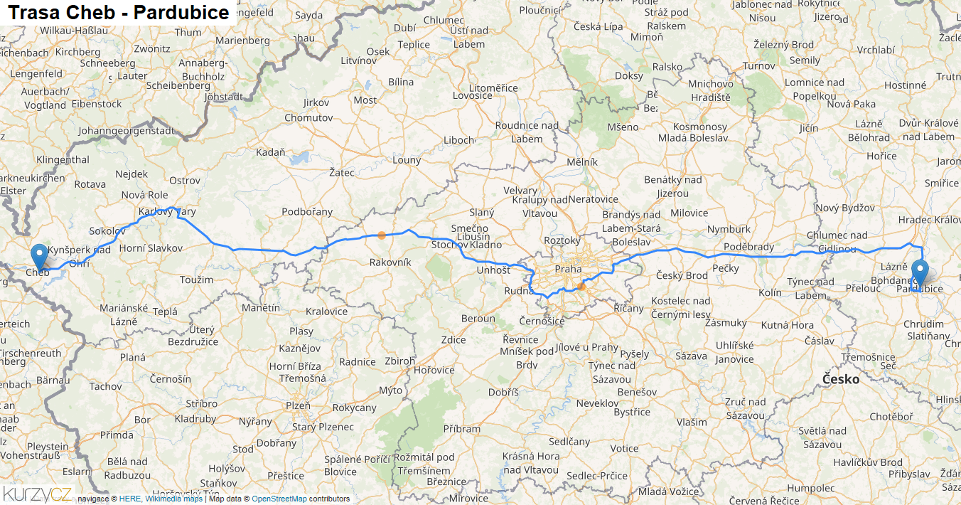 Cheb-Pardubice, mapa trasy