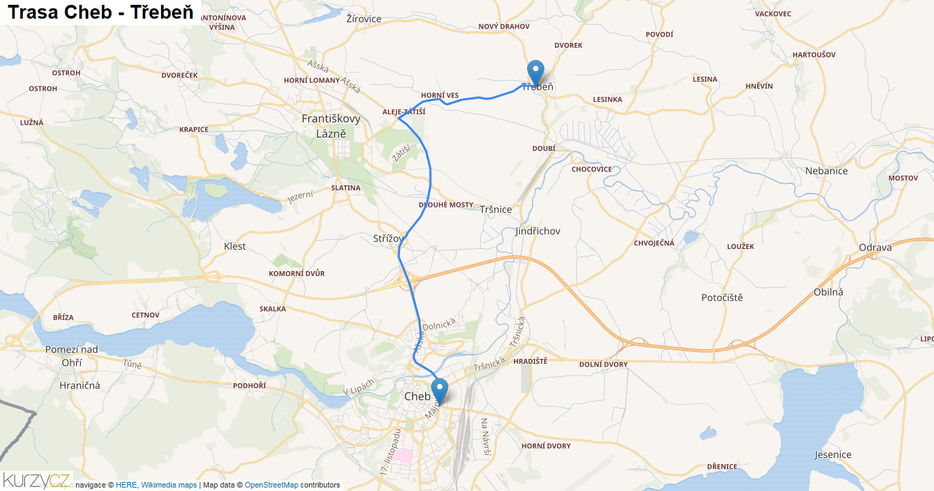 Cheb-Třebeň, mapa trasy