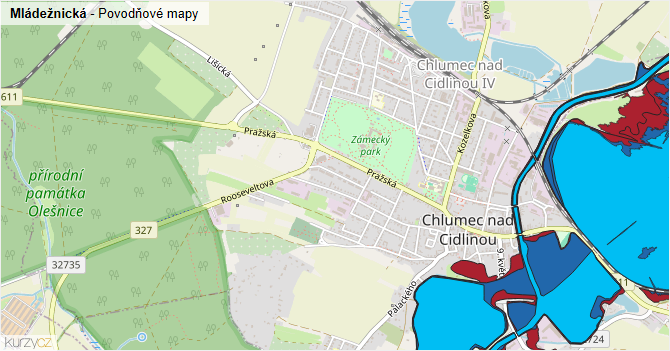 Mládežnická - záplavové mapy stoleté vody