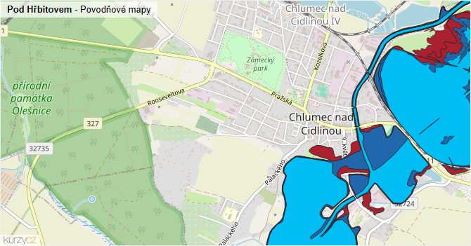 Pod Hřbitovem - záplavové mapy stoleté vody