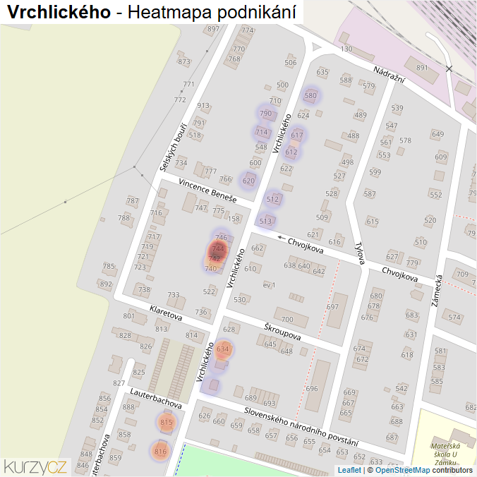 Mapa Vrchlického - Firmy v ulici.
