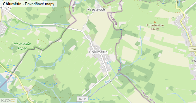 Chlumětín - záplavové mapy stoleté vody