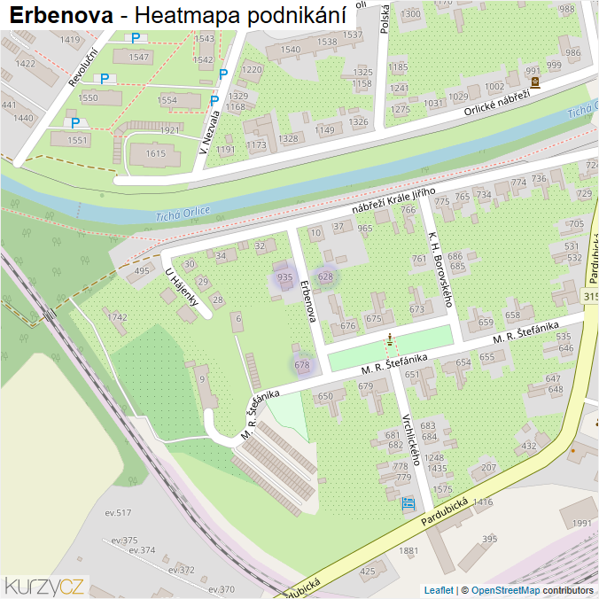 Mapa Erbenova - Firmy v ulici.