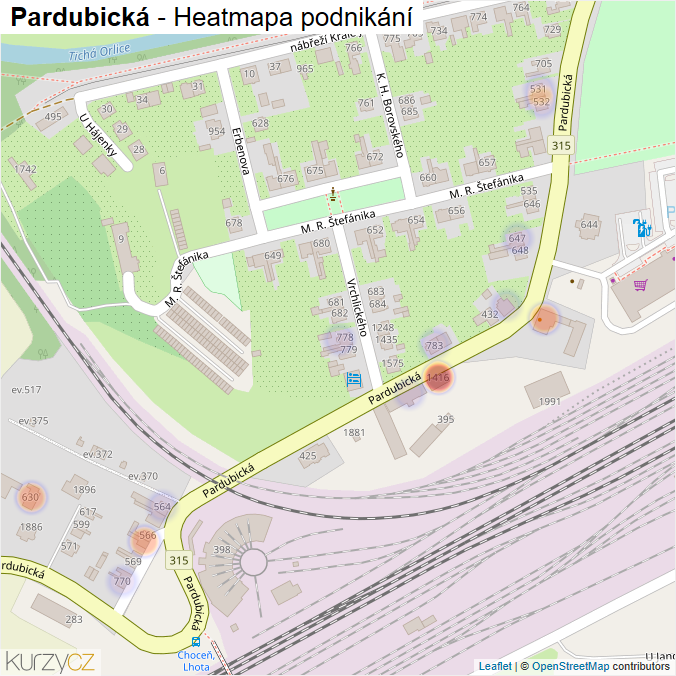 Mapa Pardubická - Firmy v ulici.