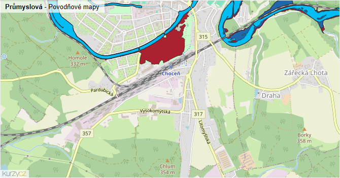 Průmyslová - záplavové mapy stoleté vody