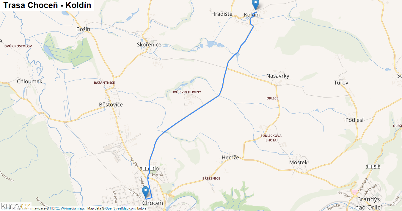 Choceň-Koldín, mapa trasy