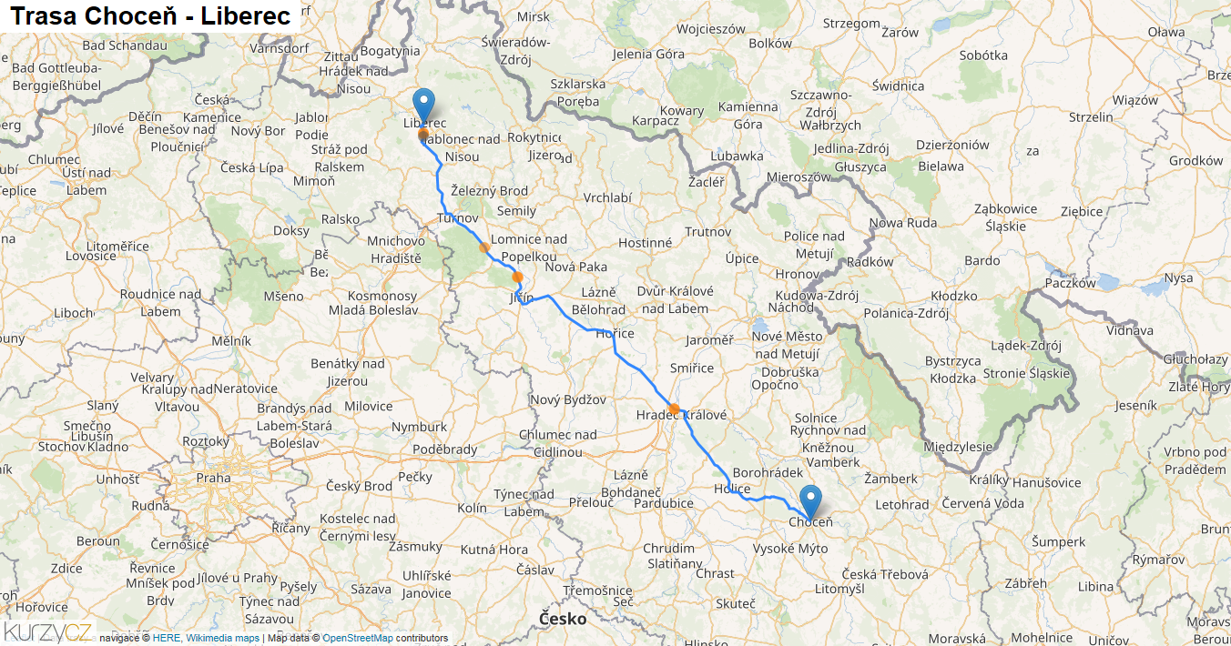 Choceň-Liberec, mapa trasy