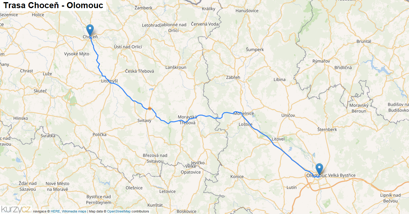 Choceň-Olomouc, mapa trasy