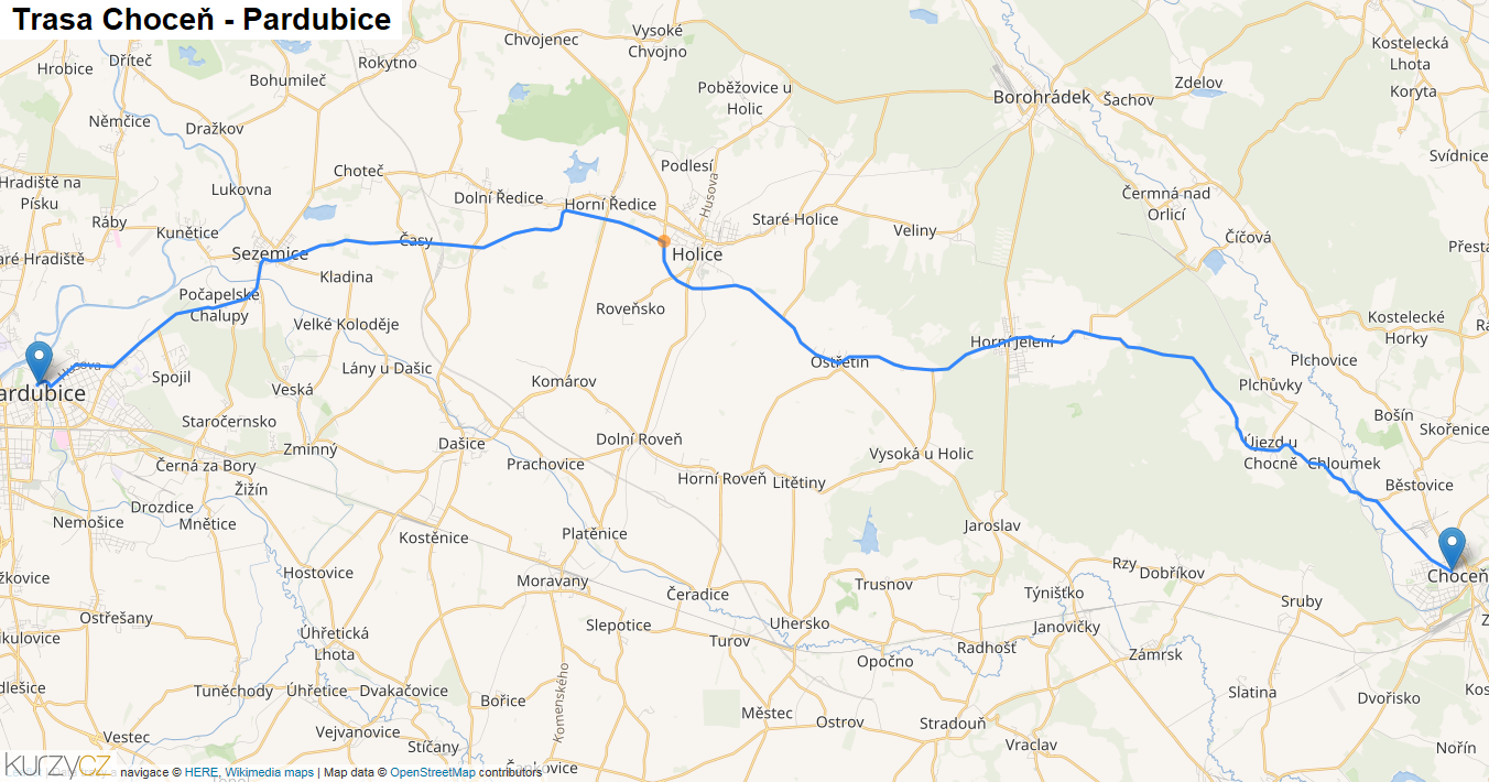 Choceň-Pardubice, mapa trasy