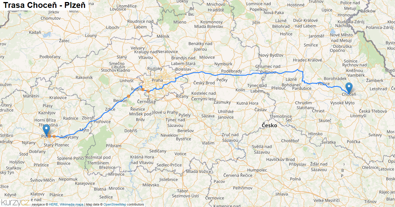 Choceň-Plzeň, mapa trasy