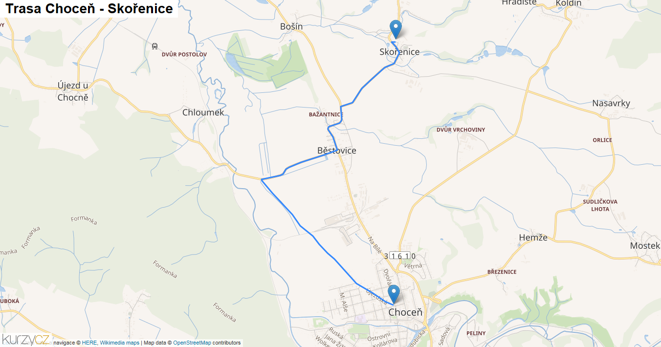 Choceň-Skořenice, mapa trasy