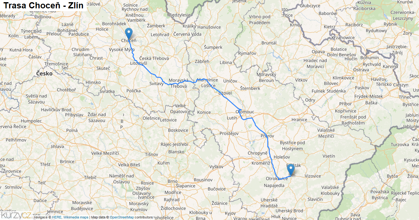 Choceň-Zlín, mapa trasy
