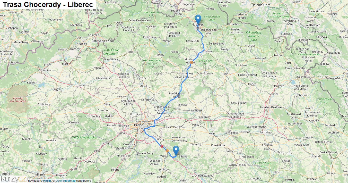 Chocerady-Liberec, mapa trasy