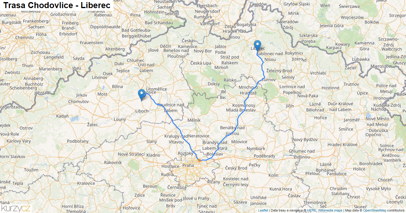 Chodovlice-Liberec, mapa trasy