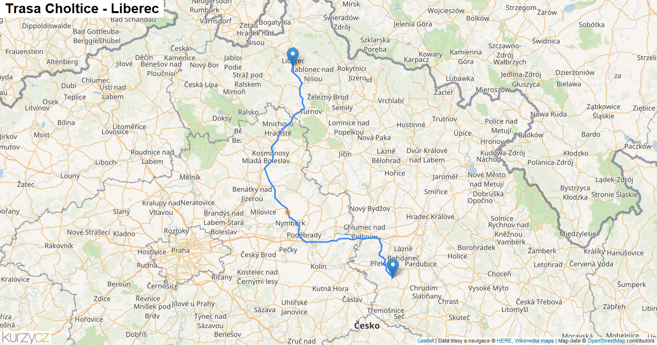 Choltice-Liberec, mapa trasy