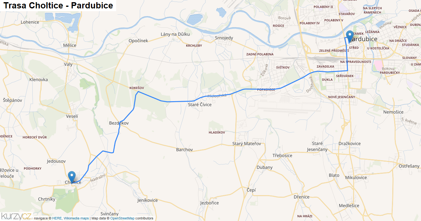 Choltice-Pardubice, mapa trasy