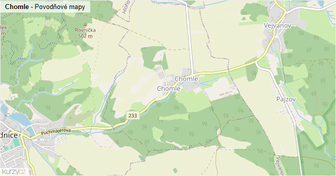 Chomle - záplavové mapy stoleté vody