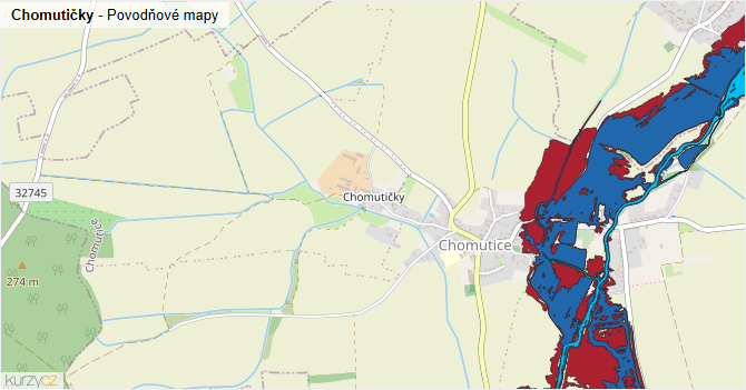 Chomutičky - záplavové mapy stoleté vody
