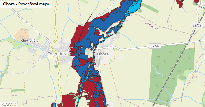 Obora - záplavové mapy stoleté vody