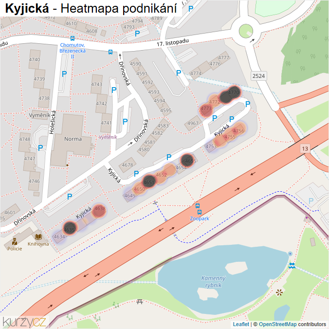Mapa Kyjická - Firmy v ulici.