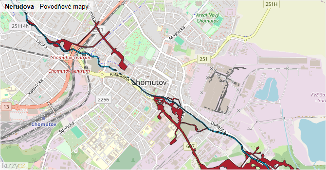 Nerudova - záplavové mapy stoleté vody