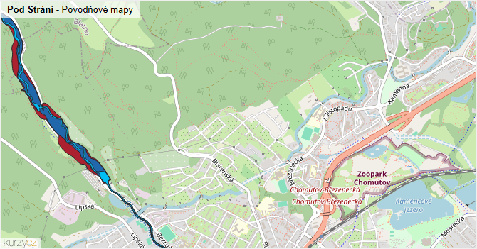 Pod Strání - záplavové mapy stoleté vody