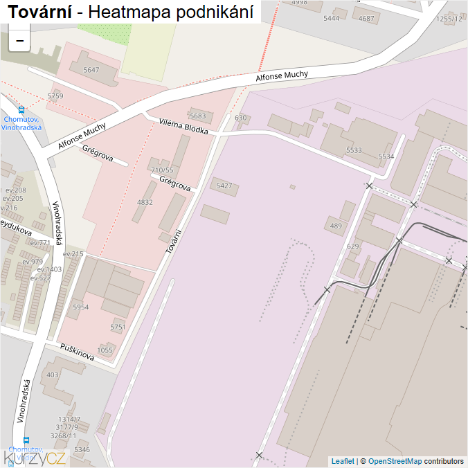Mapa Tovární - Firmy v ulici.