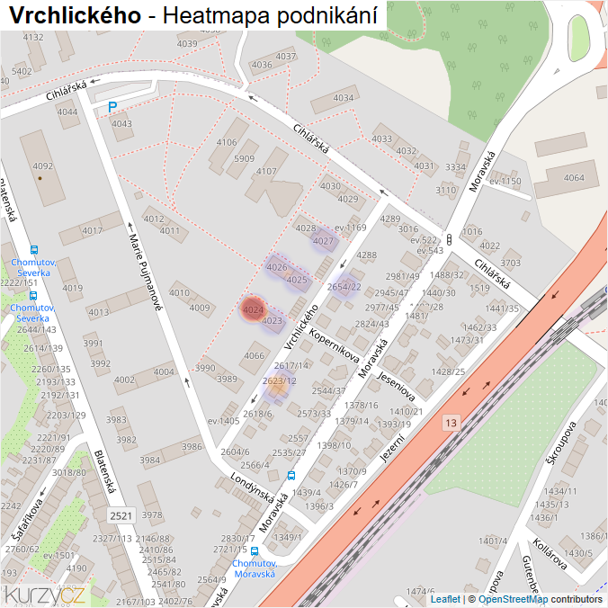 Mapa Vrchlického - Firmy v ulici.
