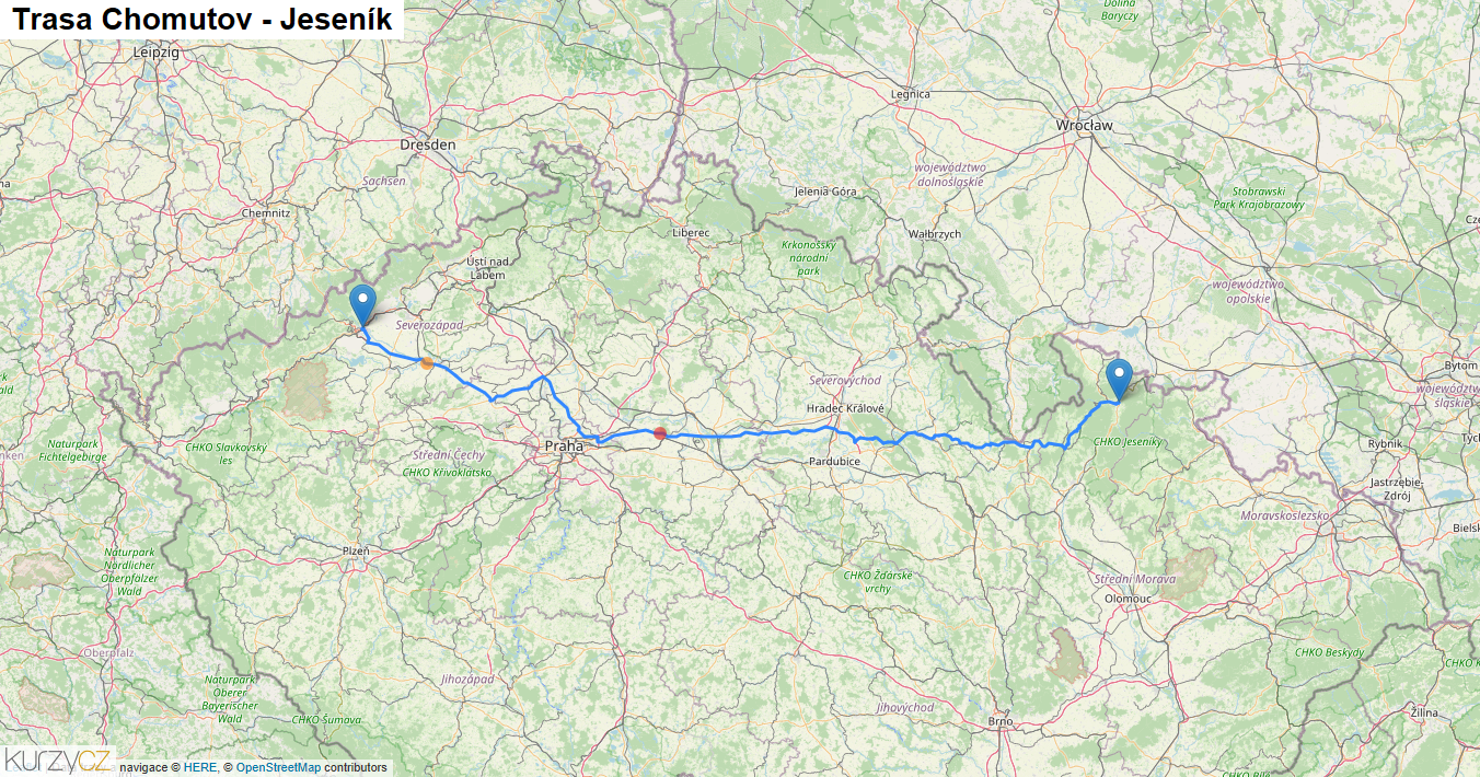 Chomutov-Jeseník, mapa trasy
