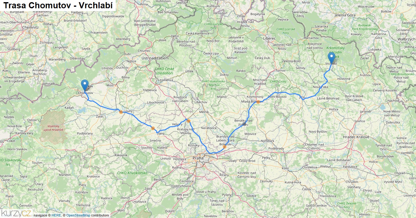 Chomutov-Vrchlabí, mapa trasy