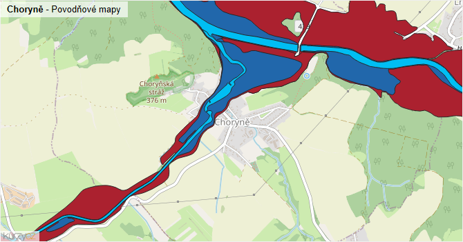 Choryně - záplavové mapy stoleté vody
