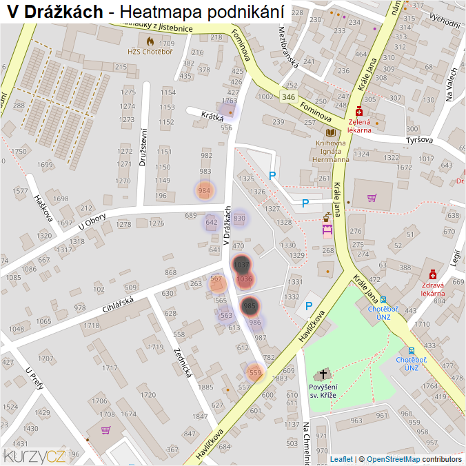 Mapa V Drážkách - Firmy v ulici.