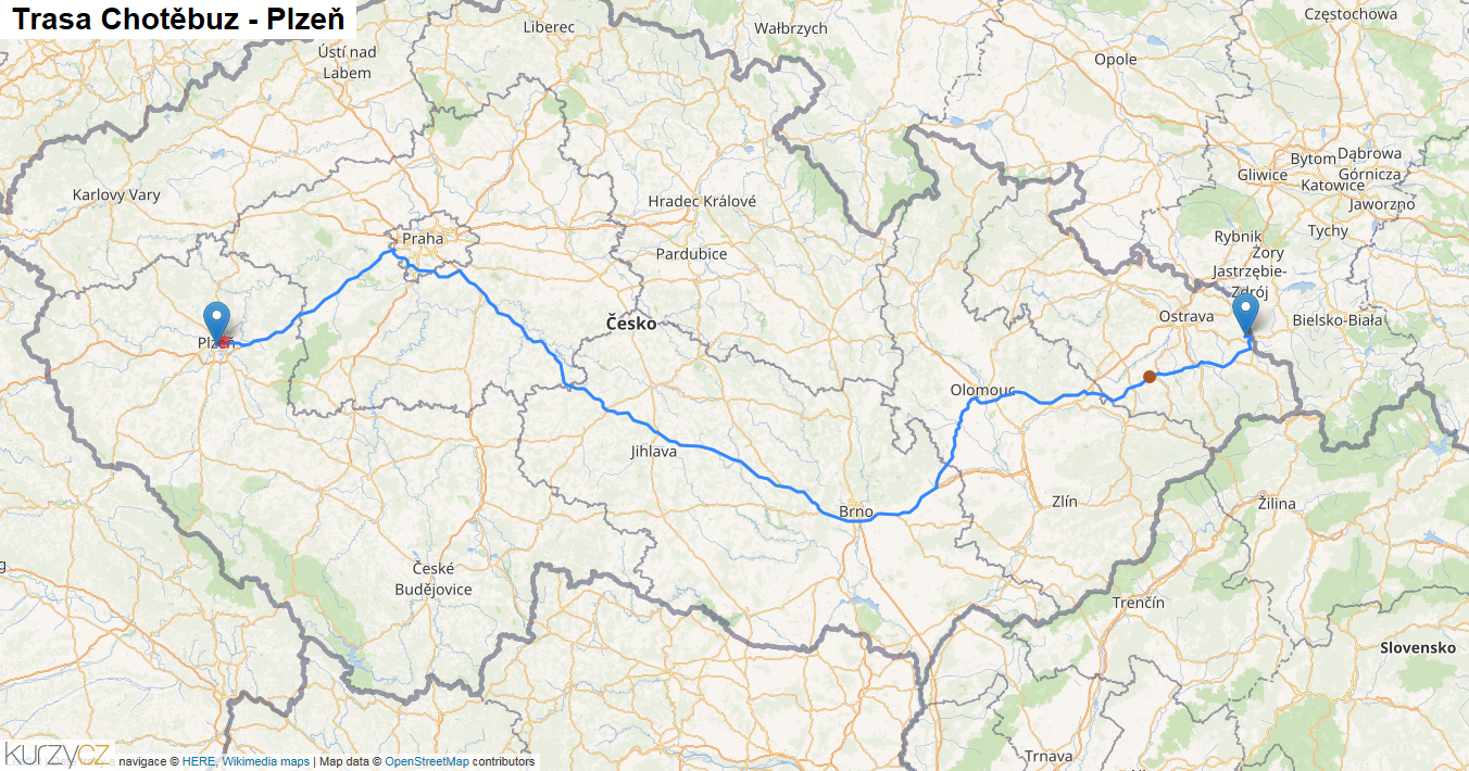 Chotěbuz-Plzeň, mapa trasy