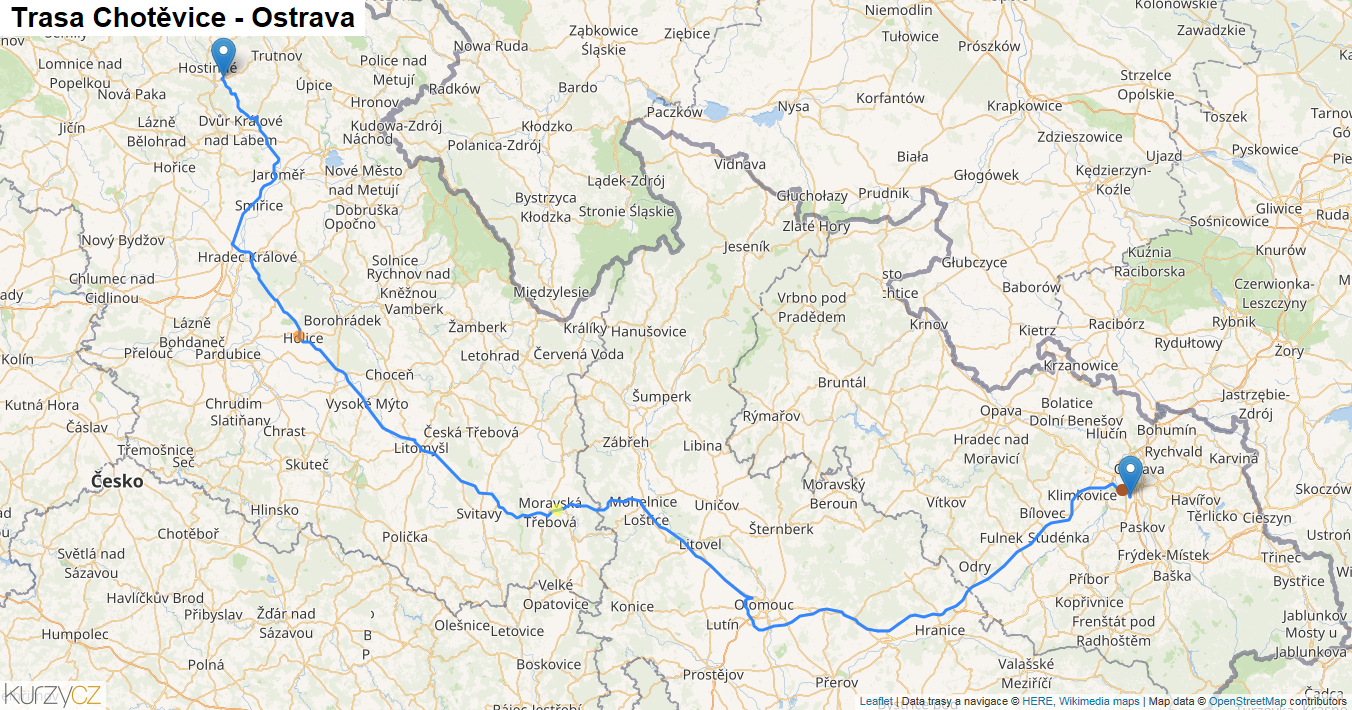 Chotěvice-Ostrava, mapa trasy