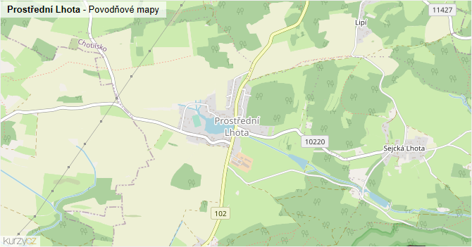 Prostřední Lhota - záplavové mapy stoleté vody