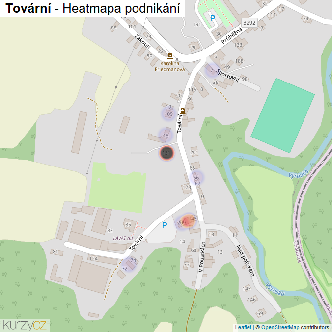 Mapa Tovární - Firmy v ulici.