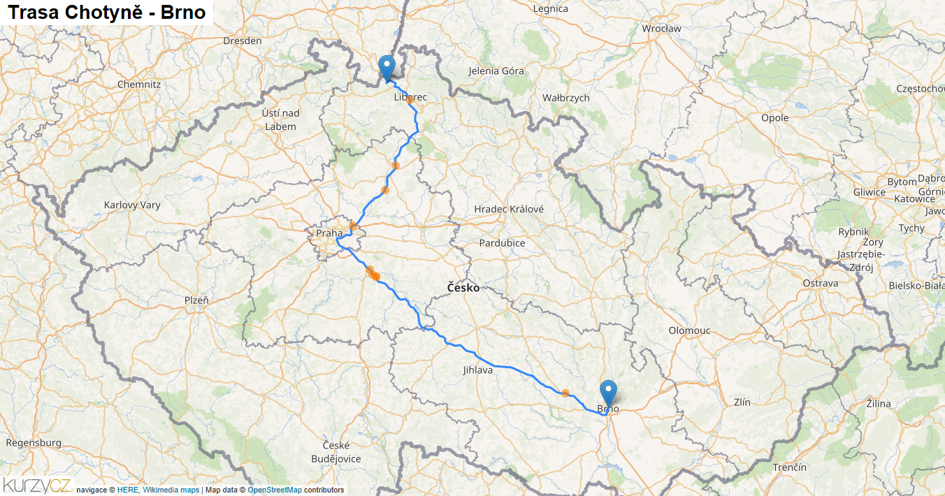 Chotyně-Brno, mapa trasy