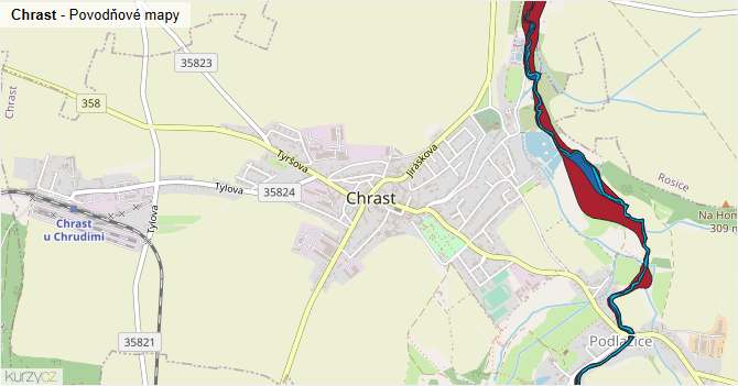 Chrast - záplavové mapy stoleté vody