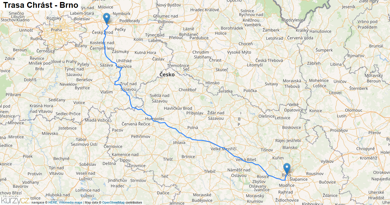 Chrást-Brno, mapa trasy