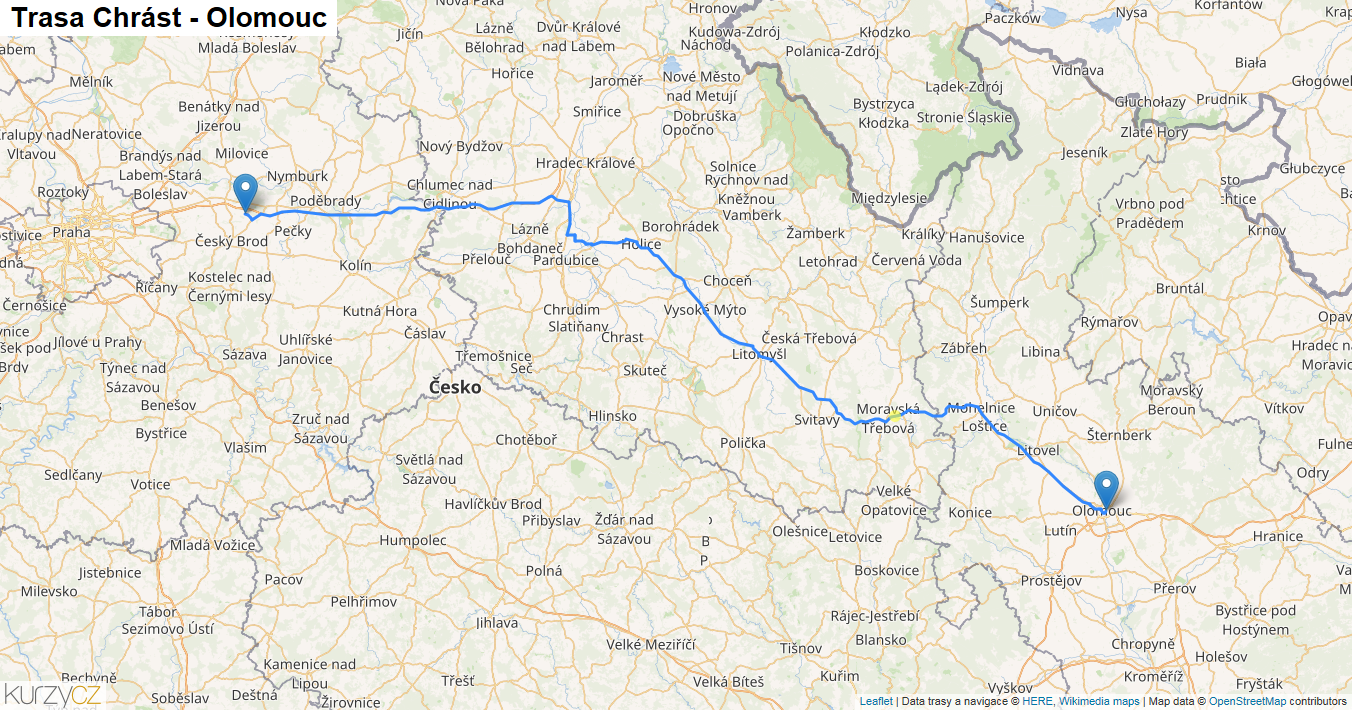 Chrást-Olomouc, mapa trasy