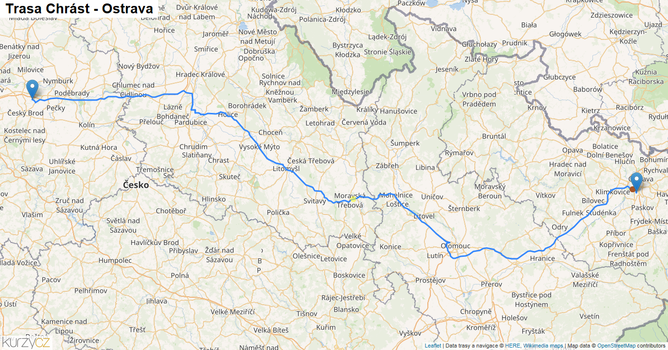 Chrást-Ostrava, mapa trasy